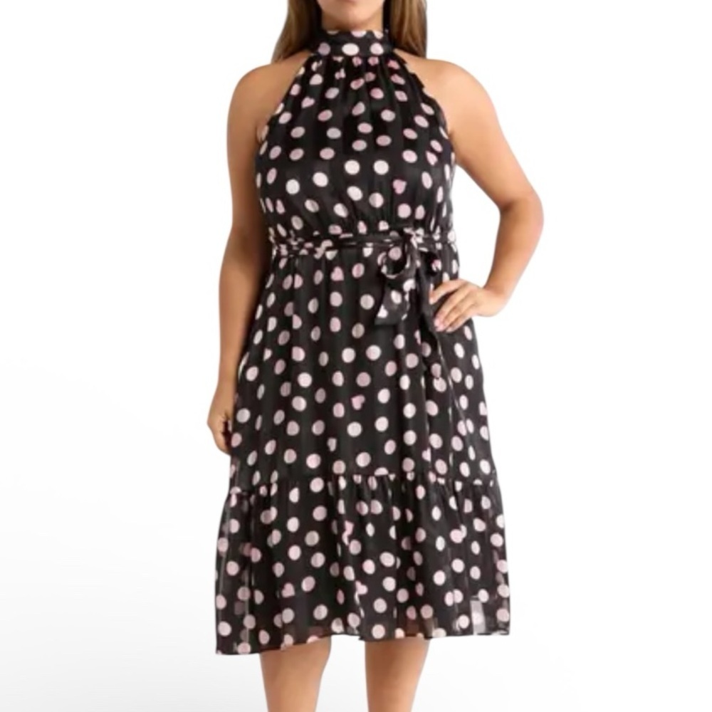 London Times Black and Pink Heart & Dot Sleevless Fit & Flare Dress - Picture 8 of 9